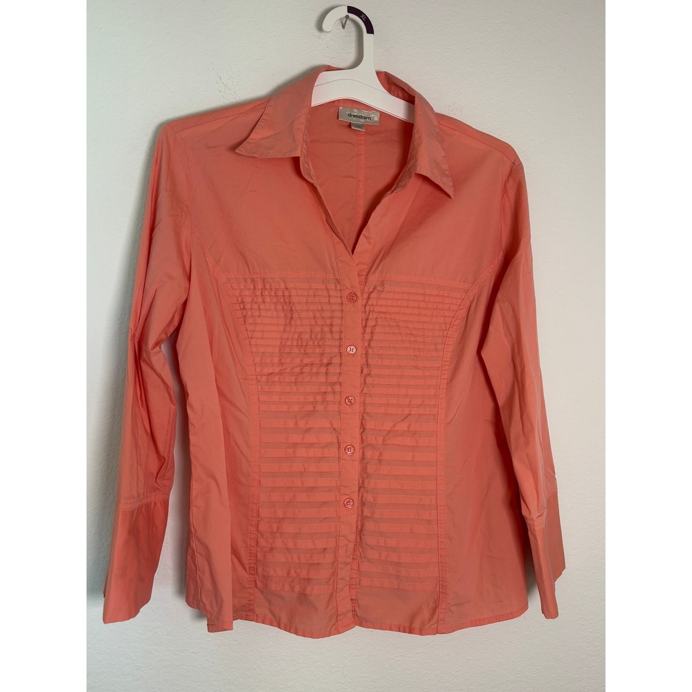 Dressbarn Coral Pink Pintuck Pleated Button Down Shirt Blouse Womens Large